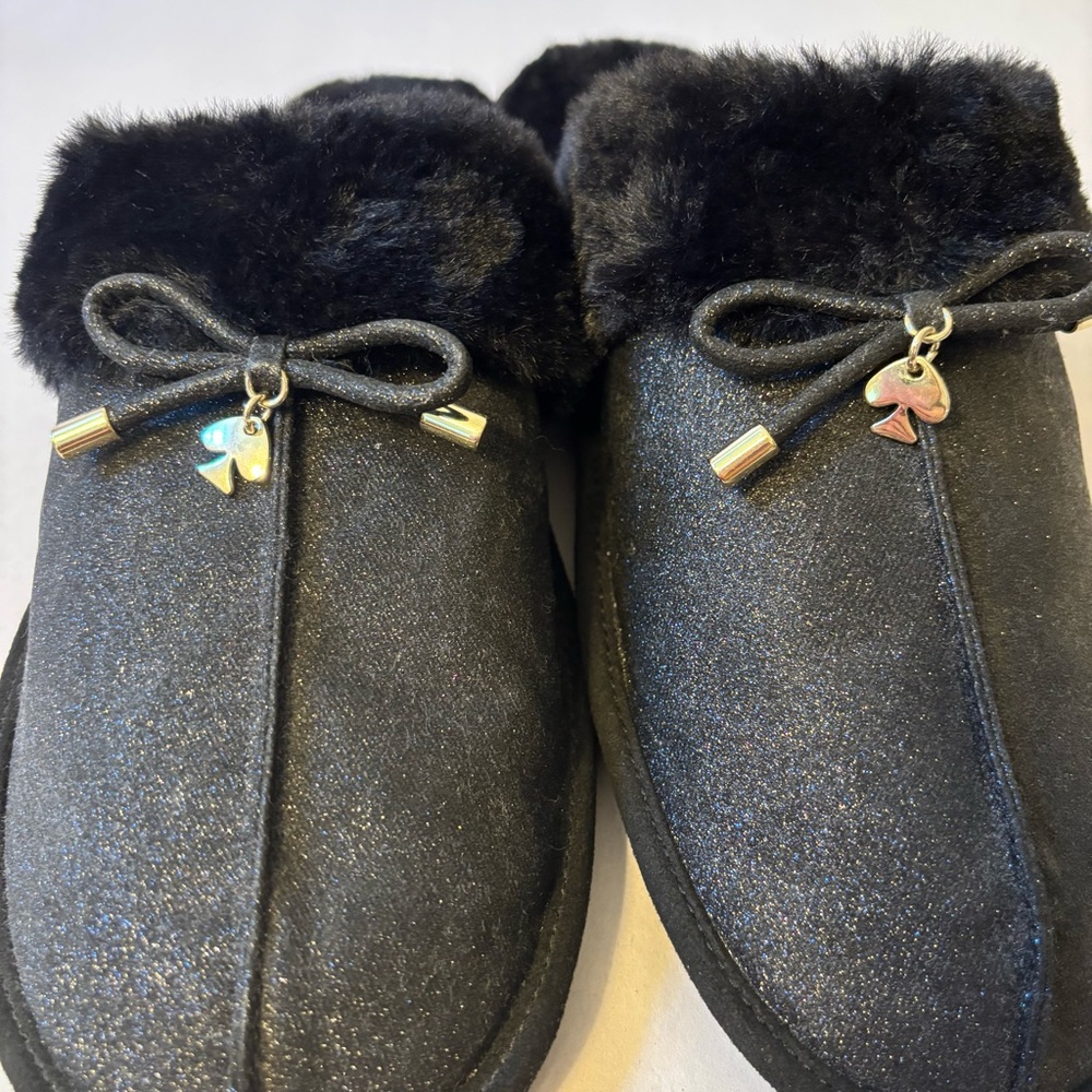 Kate Spade Black Faux Fur Glitter Slippers Size 9B - Picture 6 of 12